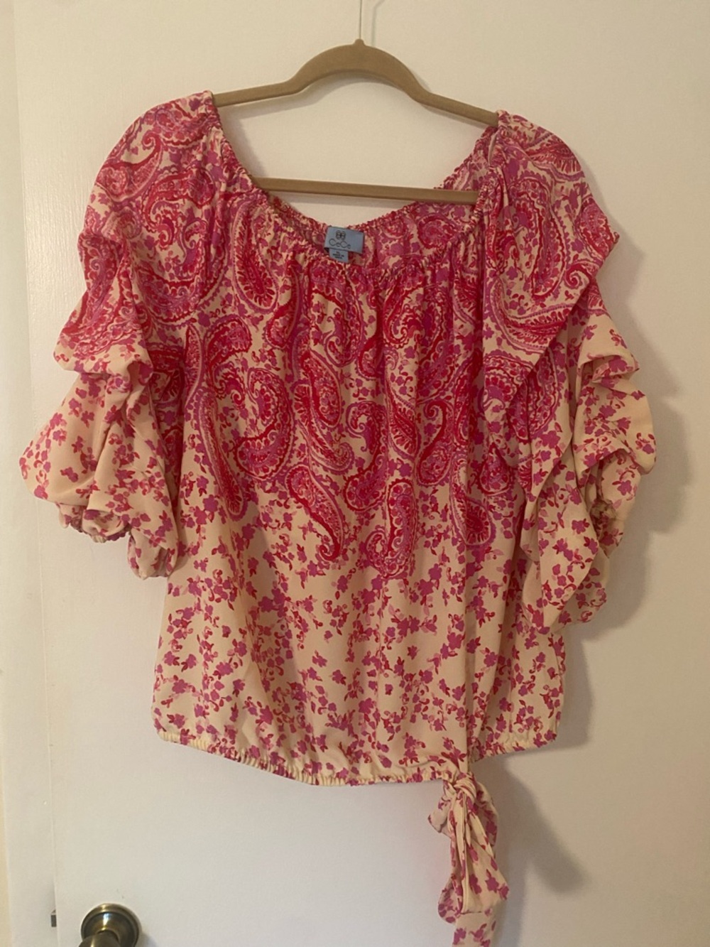 CeCe Pink Paisley Tie-Hem Peasant Blouse